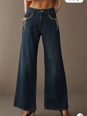 NWT Pilcro Pearl-Embellished Low-Rise Wide-Leg Jeans Sz 28